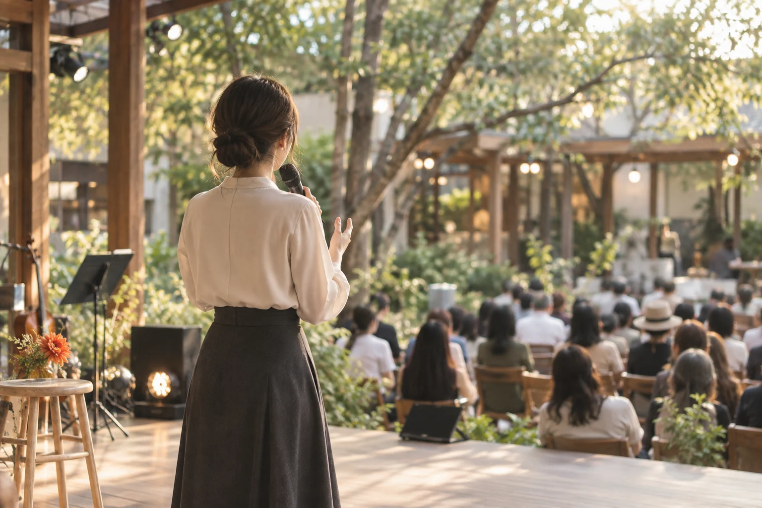 嘉義主持人選擇指南的舞台情境示意，匿名女性主持人背影與暖色藝文場域