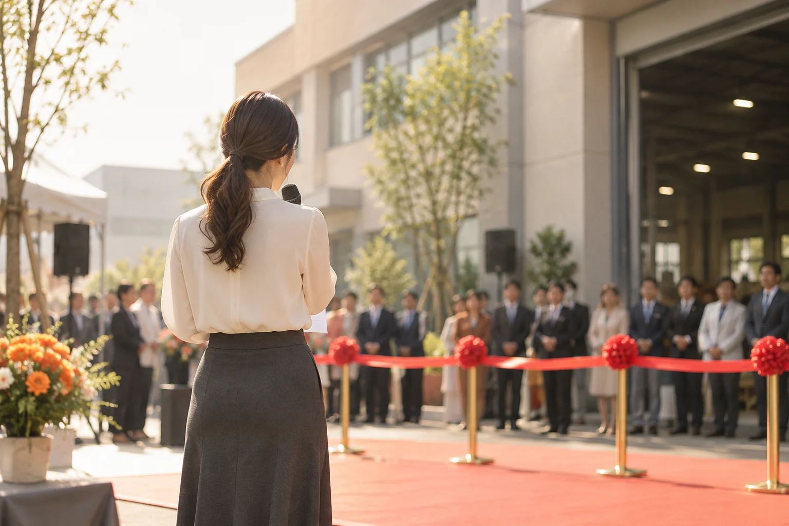 匿名女性主持人背影與暖色企業剪綵舞台情境